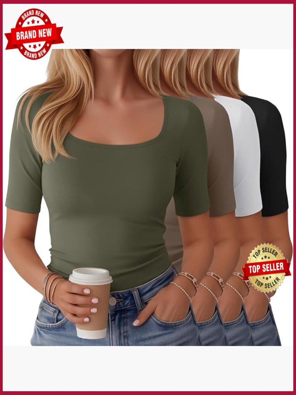 4 Pack Half Sleeve Square Neck Tops for Women Lightweight Tees